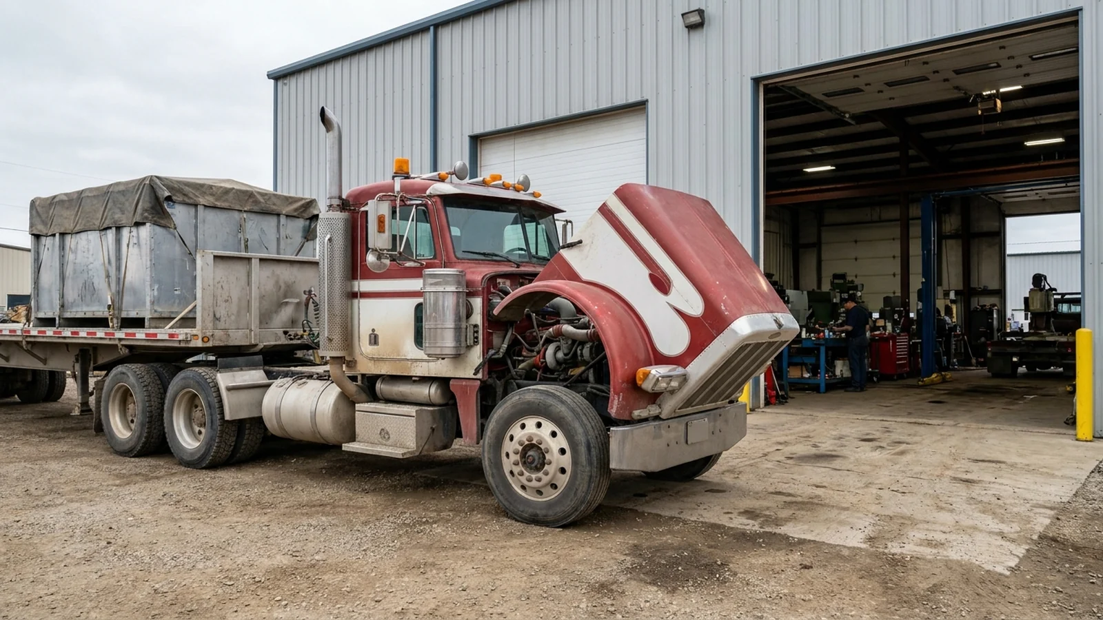 Camion lourd diesel en entretien près d'un atelier de mécanique